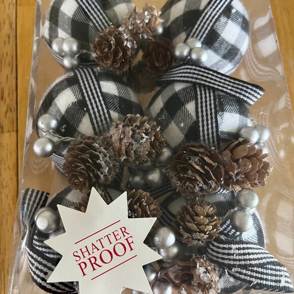 Black White Buffalo Plaid Rustic Holiday Ornaments - Package of 6 - Picture 1 of 4